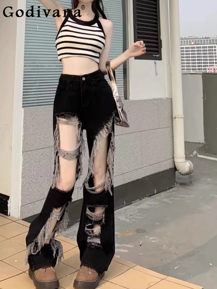

Large Size 2XL-6XL Black Women's American High Street Sexy Ripped Jeans Spring Summer Retro Chic Loose High Waist Leisure Pants
