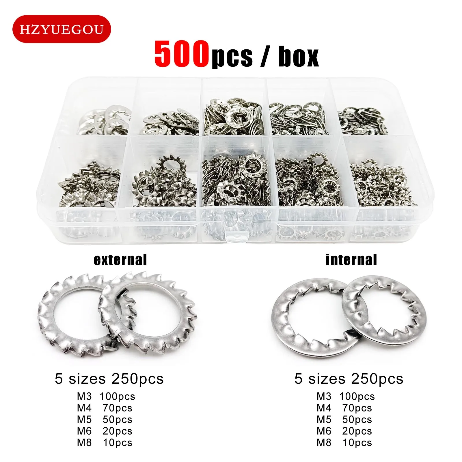 500pcs External Internal Toothed Serrated Lock Washer Gasket Mix M3 M4 M5 M6 M8 Assortment Kit Set Box 304 A2-70 Stainless Steel