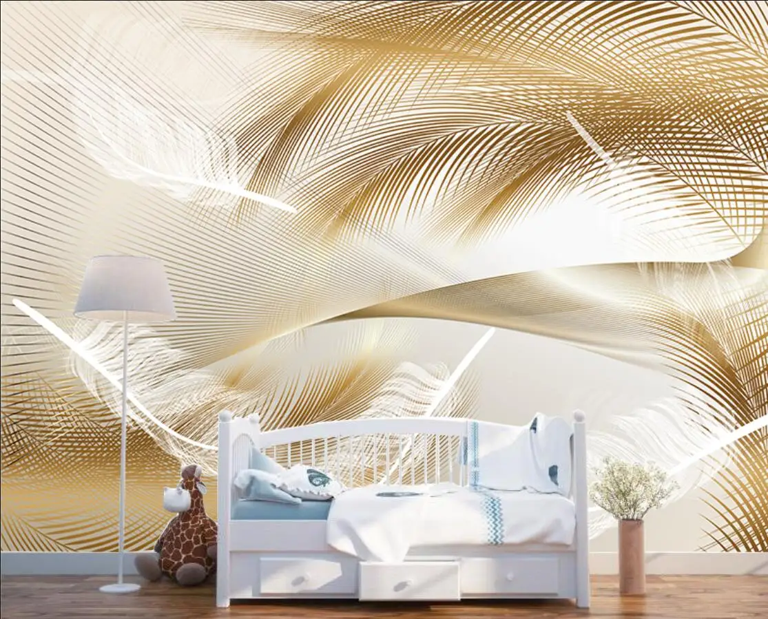 

Custom size mural modern minimalist luxury gold feather abstract lines TV background wall paper home decor living 3d wallpaper