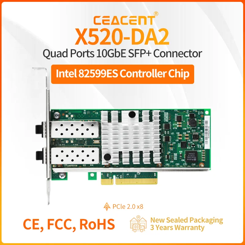 

New X520-DA2 10Gb/s Network Card 2x 10G SFP+ Intel 82599 Chipset PCIe 2.0 x8 Server Network Adapter Low Profile
