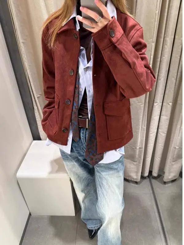 Spring Autumn 2025 Women's Faion High-End Velvet Texture Long Sve Collar Jaet Outerwear New Arrival  Collar Button up