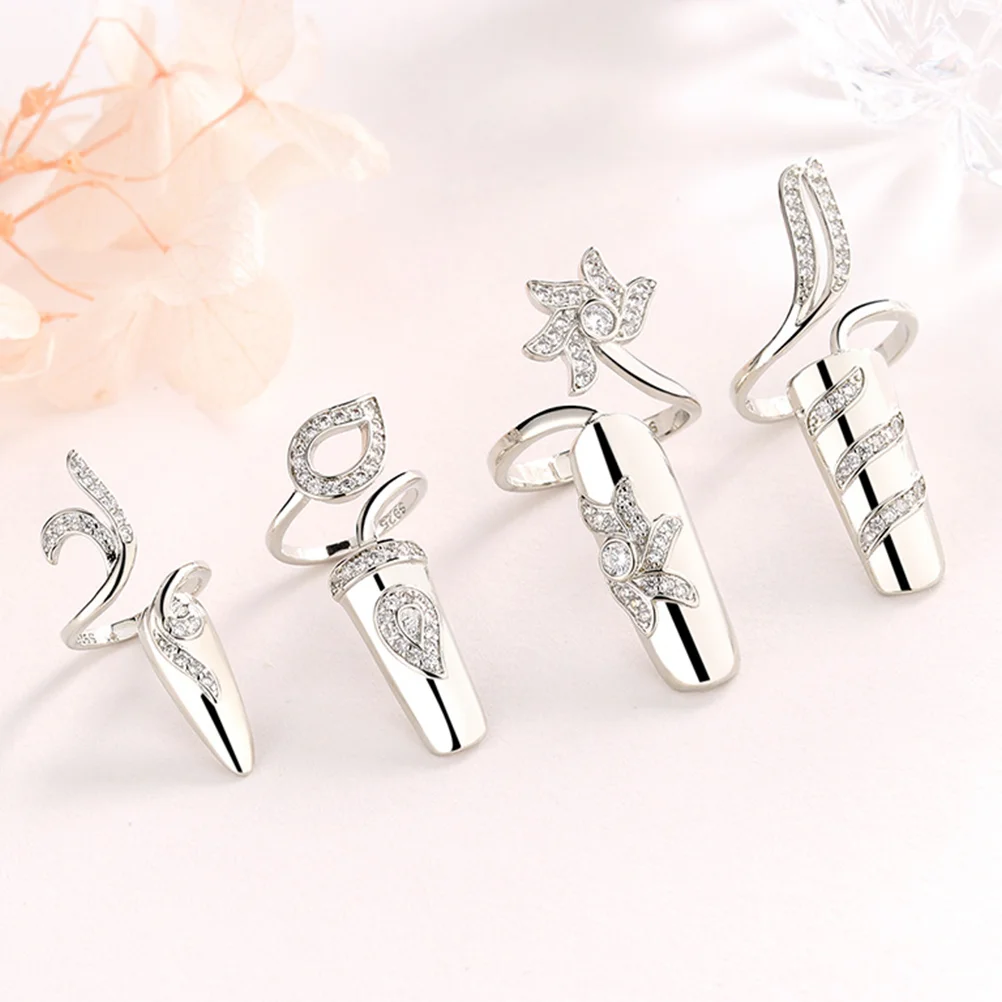 4 Pcs Fingernail Cap Ornament Fashion Rings Decorate Decorative Hand Jewelry Shaped Diamond