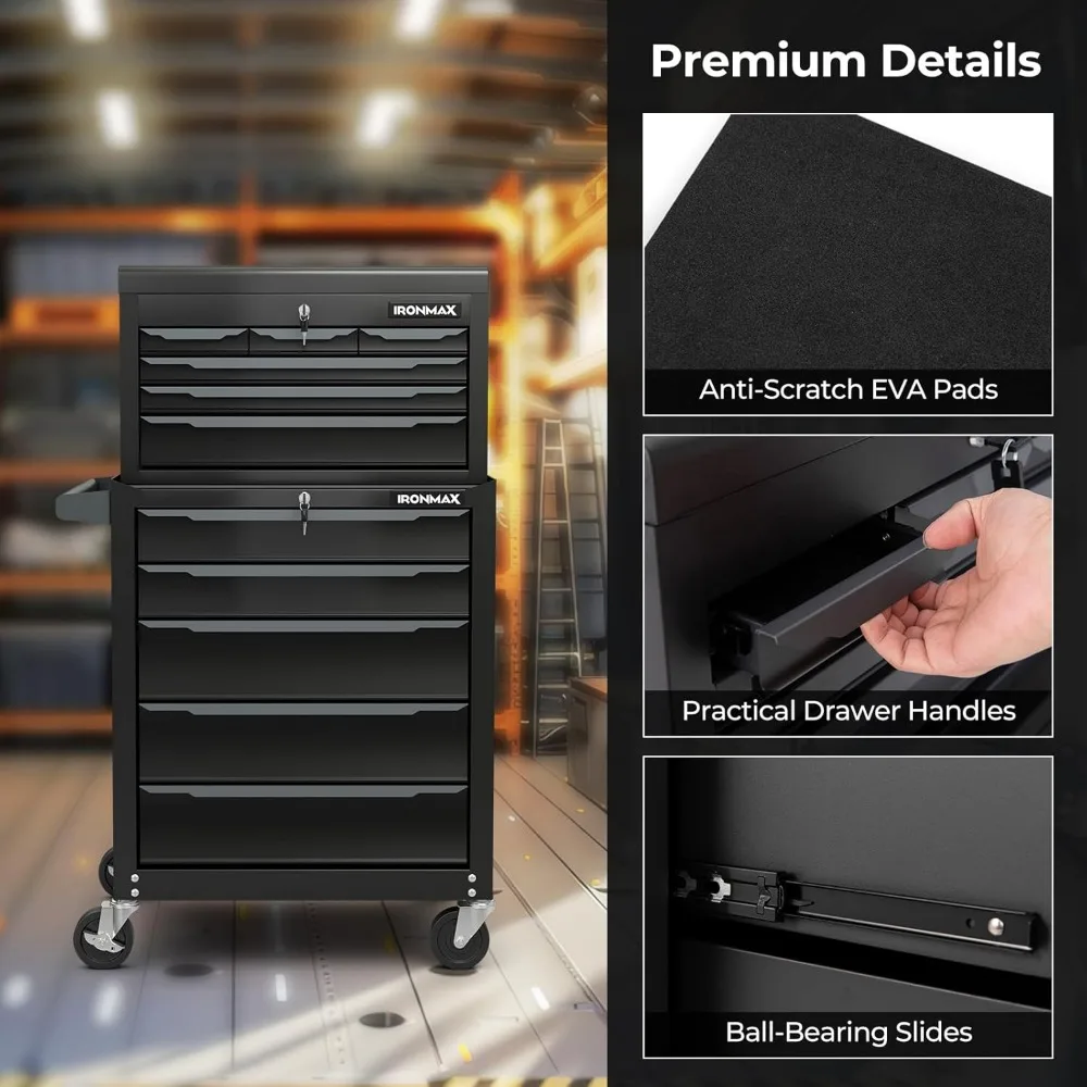 頑丈な11段引き出し付きローリングスチールツールチェスト、吊り下げ穴、セントラルロッキングシステム、安全な保管のためのバランス設計付き