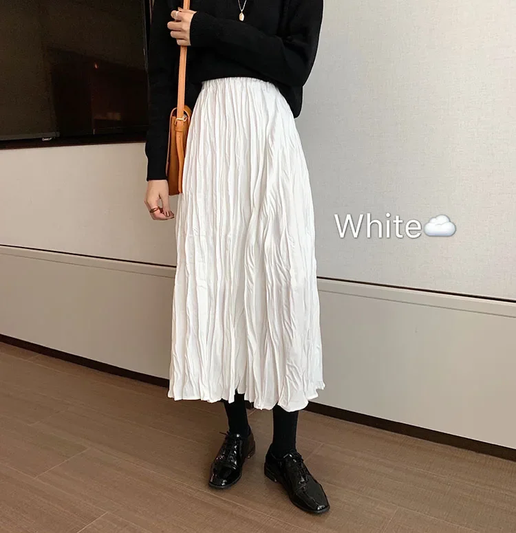 New Korean Style Cute Pleated Midi Skirt Women Fashion Casual Sexy Crinkling Female OL Long Kawaii Skirts Cheap Wholesale