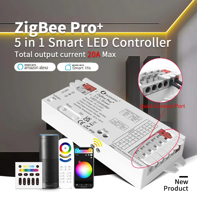 ZIGBEE 5-in-1 controller simple wiring maximum current 20A DC12-24V R F remote control APP control