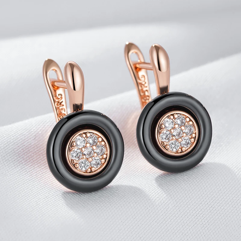 Kinel Hot Black Ceramics Drop Earrings For Women 585 Rose Gold Color Natural Zircon Accessories High Quality Daily Fine Jewelry