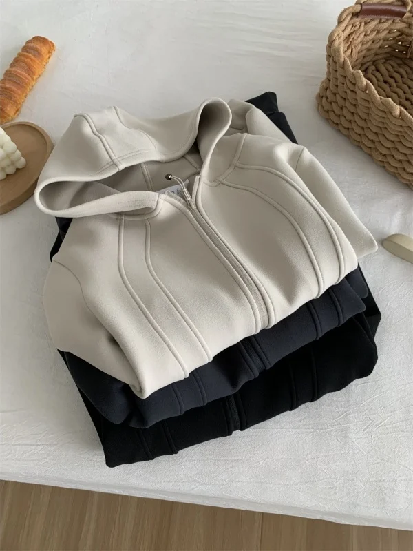 

LU Series Thickened Hooded Zipper Cardigan Women's Warmth Outerwear Sweatshirt Short Style Autumn Winter Fashion Commute