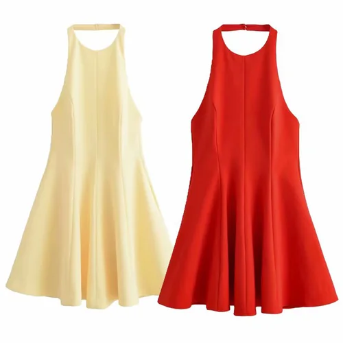Imagen 2 del producto HXAO Vestido corto con cuello Halter Vestidos para mujer Vestido rojo amarillo Mujer Verano 2025 Vestidos sin mangas con espalda descubierta y volantes Vestido elegante 066