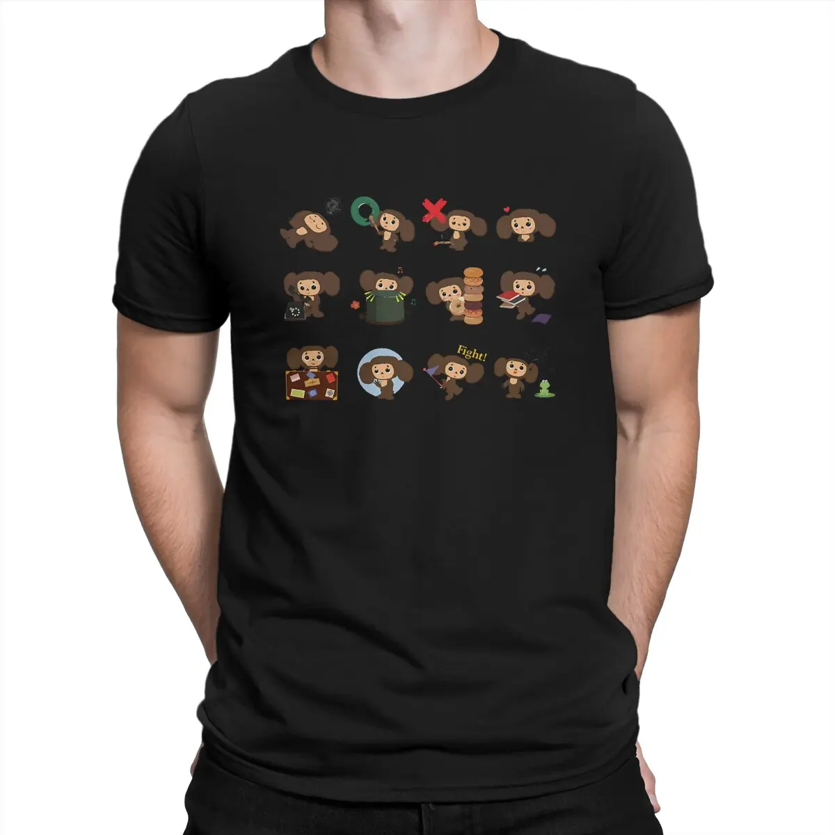 Men Meme T Shirts Cheburashka Che Burashka Gena Russian Cartoon Pure Cotton Clothes Funny Short Sleeve Crew Neck Tees T-Shirts