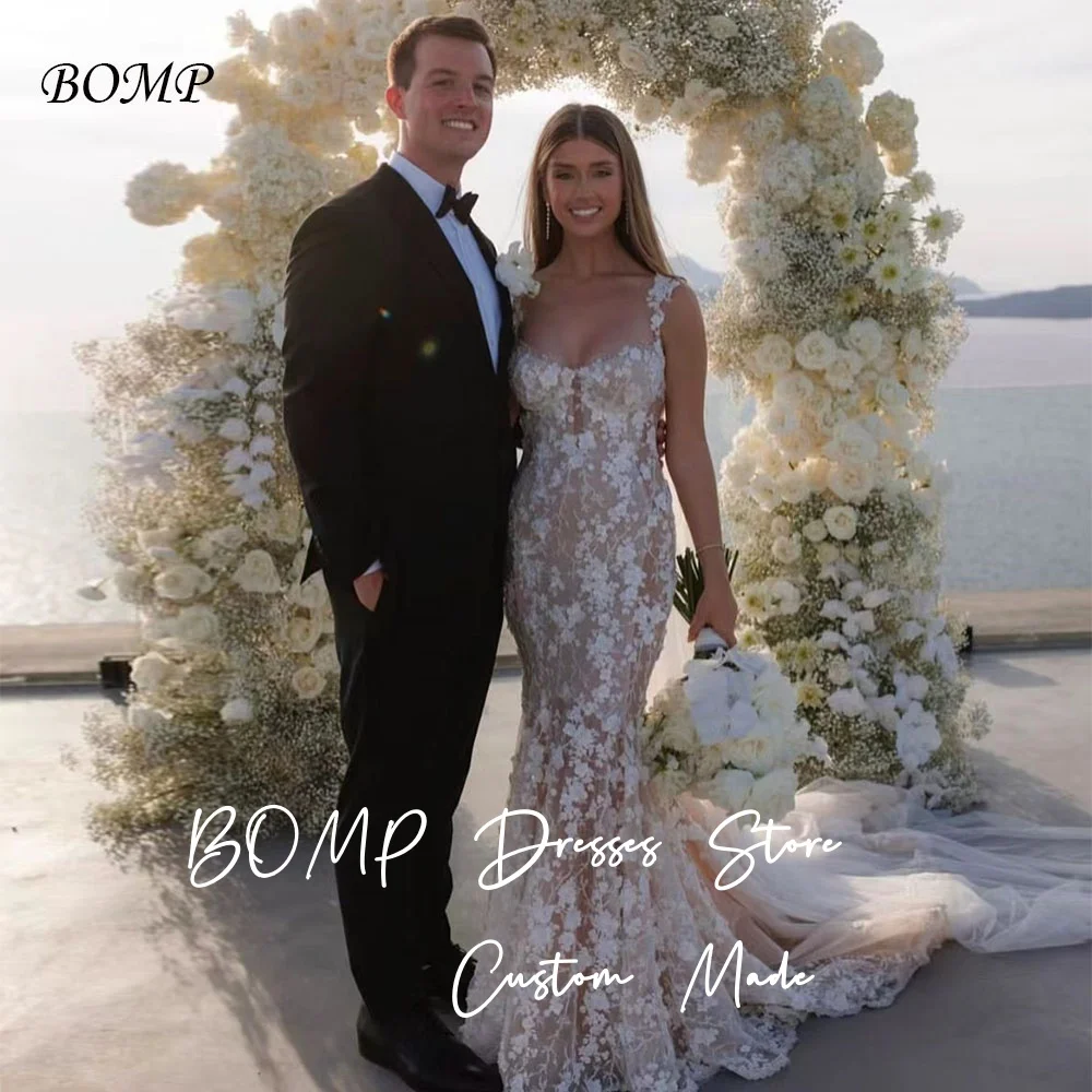 

BOMP Exquisite Mermaid Wedding Dress 3D Flowers Lace Sweep Train Spaghetti Strap Bridal Gown Customized Classic Robe De Mariée
