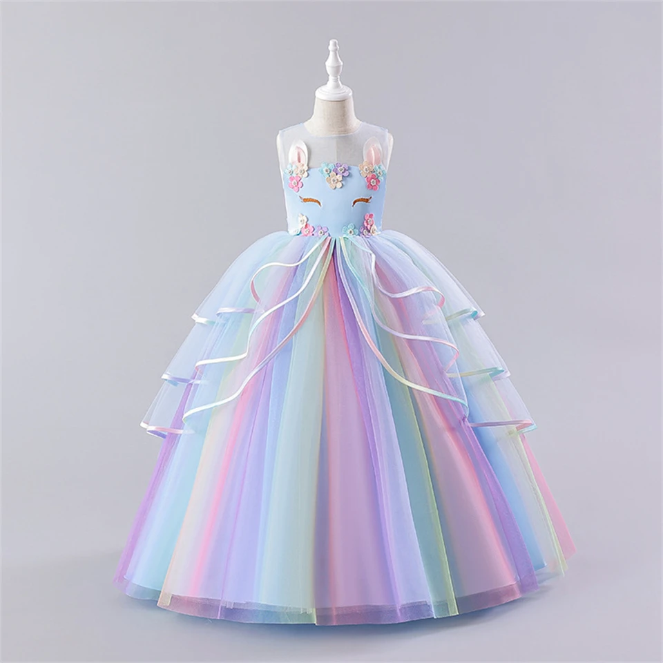 Children Christmas Rainbow Unicorn Elegant Dress for Girls Flower Colorful Fluffy Mesh Princess Birthday Party Pageant Dresses