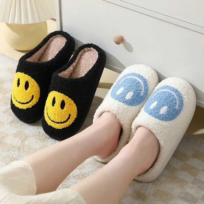 Fuzzy Smile Face Women Slipper Winter Warm Kawaii Cartoon Plush Contton Indoor Funny Cute Floor House Home Shoes Female Male Men