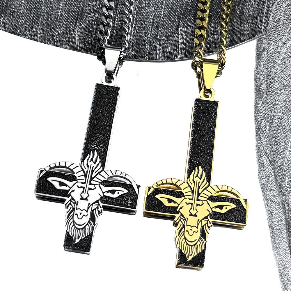 Edelstahl Baphomet Ziegenkopf Umgedrehtes Kreuz Hexerei Heidnische Halskette Emaille Invertiertes Kreuz Goldfarben Kette Schmuck – Detail 5
