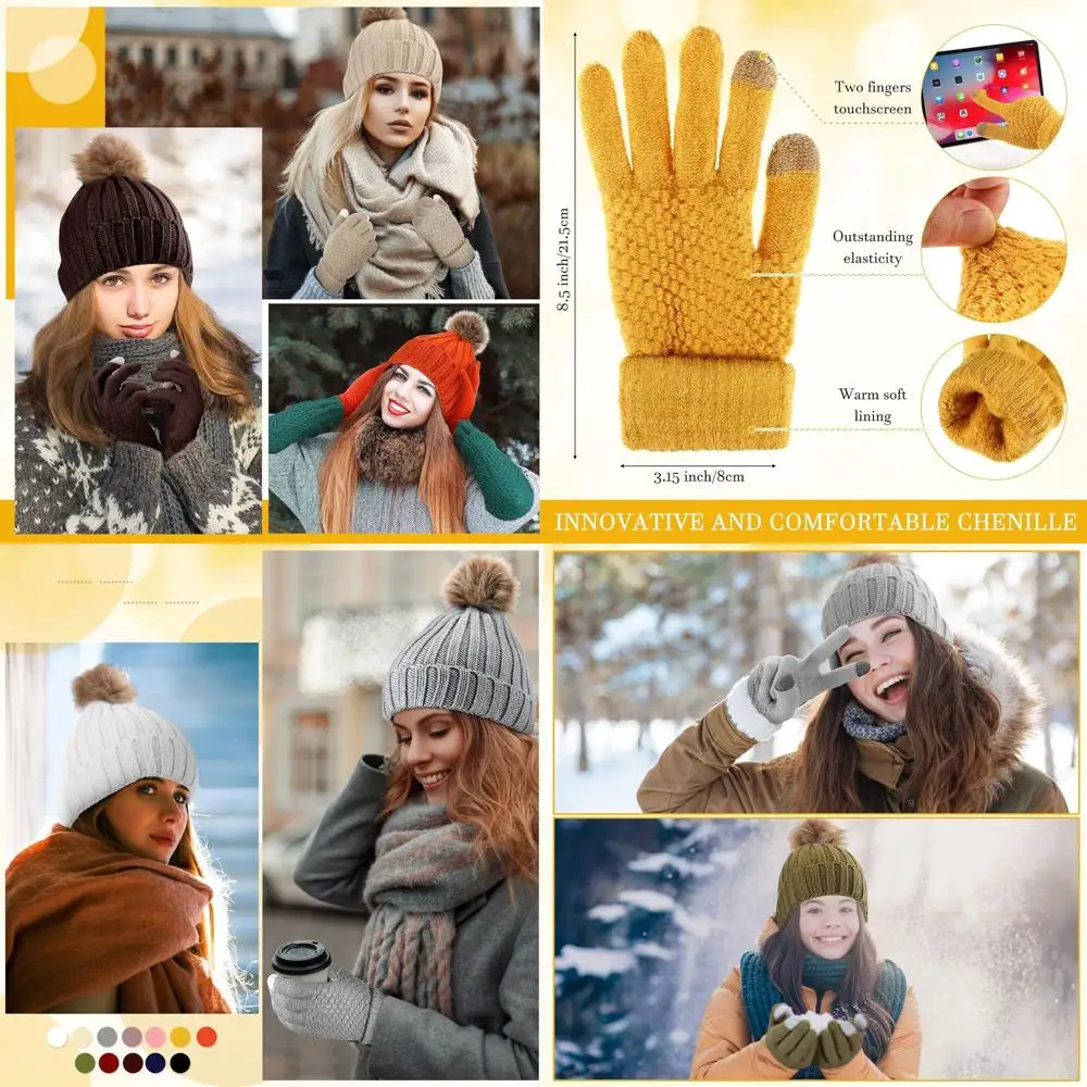 

Handepo 24 Pcs Women Knit Glove Hat Bulk Windproof Fleece Cap Touchscreen Gloves Set Winter Warm Beanies Gloves Pack for Women A