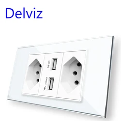 Delviz Brazil Standard Socket, White Tempered Glass Panel, USB socket 2100ma, Size 120mm*72mm, With USB Ports Wall Power Outlet