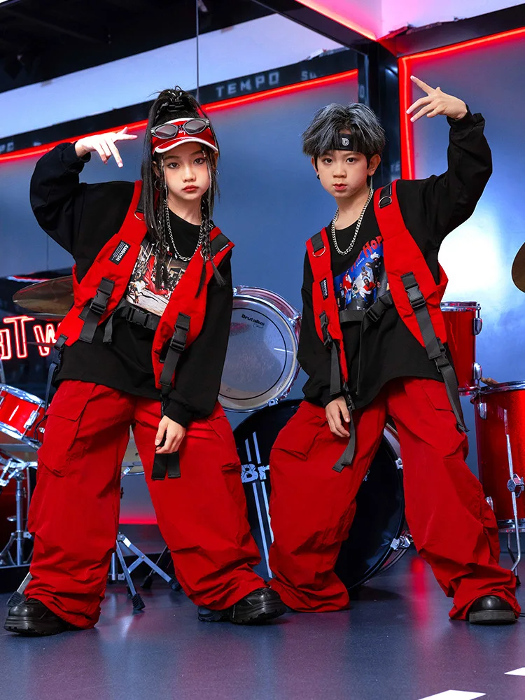 Ropa de Hip Hop para chico, sudadera con estampado negro, chaleco rojo, pantalones Cargo de paracaídas informales para niña y niño, Ropa de baile de Jazz, ropa de disfraz