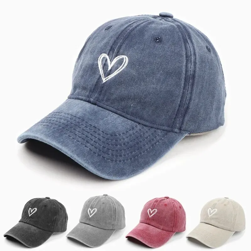 Versatile Peach Heart Embroidery Washed Old Spring And Summer Baseball Hat Women\'s Thin Couple Soft Top Cap Men\'s Tide