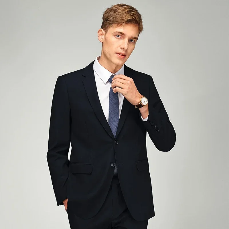 High-end Fit Men Blazer Luxury Business Formal Office Elegant Suit Jacket Wedding Dress Party Banquet Solid Color Black Gray Top