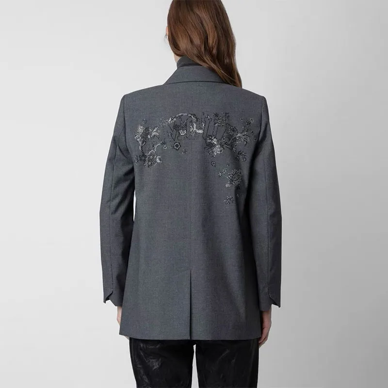 Zadig Casual Blazers Women Elegant Grey Lapel Button Blazer Suit Female Chic Diamonds Fashion Letter Formal Occasion Jacket Coat