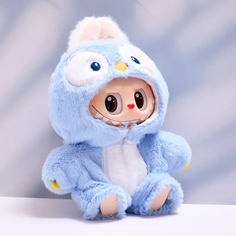 ชุดตุ๊กตาสำหรับตุ๊กตา Labubu ขนาด 15-17 ซม. ทำจากผ้าพลัฌและไวนิล  ชุดจั๊มสูทลายฉลาม/เพนกวินน่ารัก  พร้อมที่คลุมศีรษะ  ชุดแต่งตัว DIY ของขวัญ