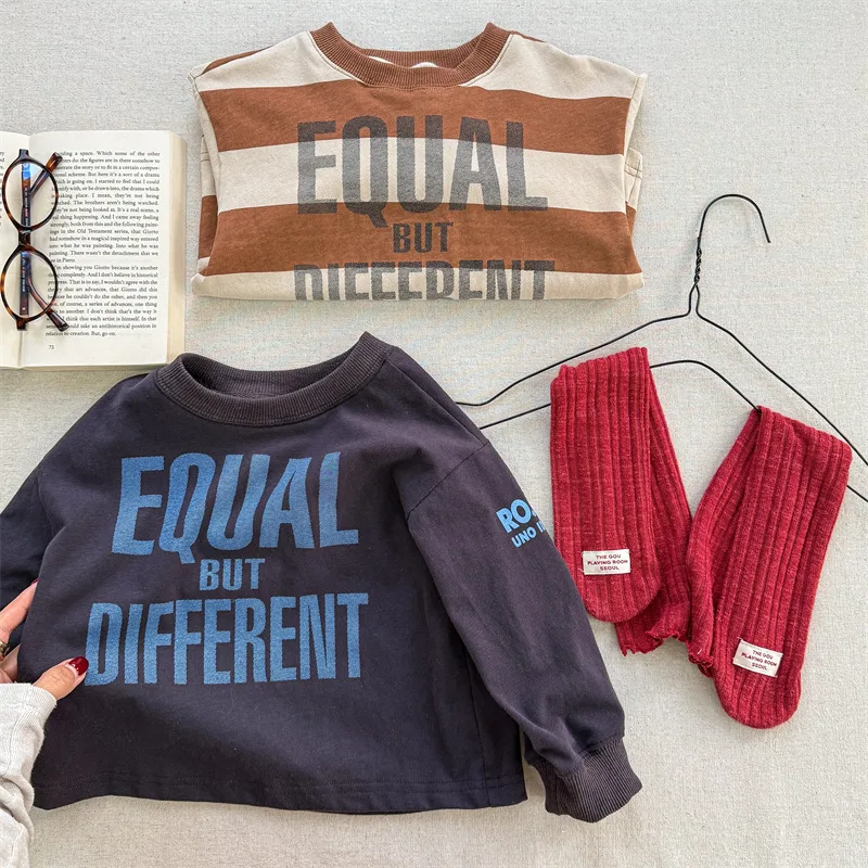 2025 Spring New Children Bottoming Shirts Cotton Boys Girls Letter Print Casual T Shirts Kids Long Sleeve Striped Sweatshirt