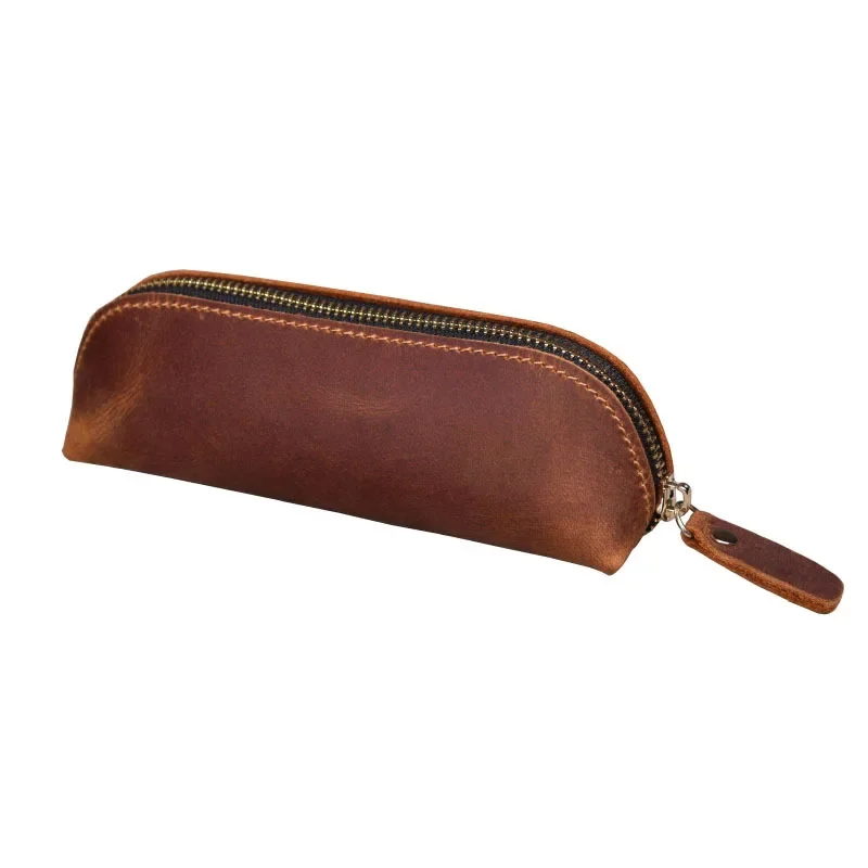 Imagem -05 - Bolsa de Lápis de Couro Genuíno Retro Simples Papelaria Titular Artesanal Caneta Case Bolsa de Armazenamento com Zíper Lápis Bolsa Material Escolar