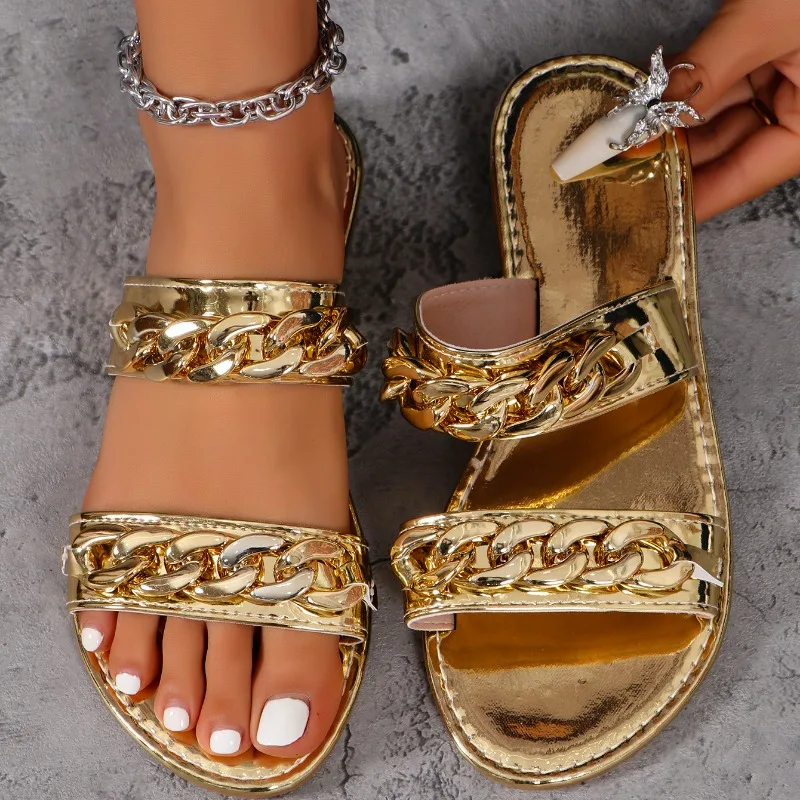 Women Slippers 2024 Summer Fashion Gold Sexy Elegant Flat Sandals Women Sandals Lightweight Comfortable Women Slippers Slides