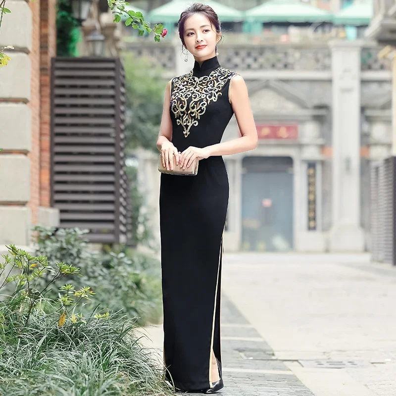 

Black Summer Long Cheongsam Sleeveless Orientale Traditional Qipao Women Evening Dresses Good Quality Slim Eleganti Chinese Robe