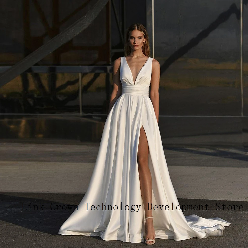 

Charming Side Slit Wedding Dresses for Women 2024 Summer Sleeveless Satin Bridal Gowns for Women New Sweep Train Vestidos De