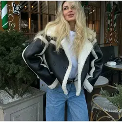 Patchwork Pu Leather agnello lana pelliccia corta giacca donna colletto con risvolto addensare cappotto corto caldo 2024 autunno inverno Lady Outwear