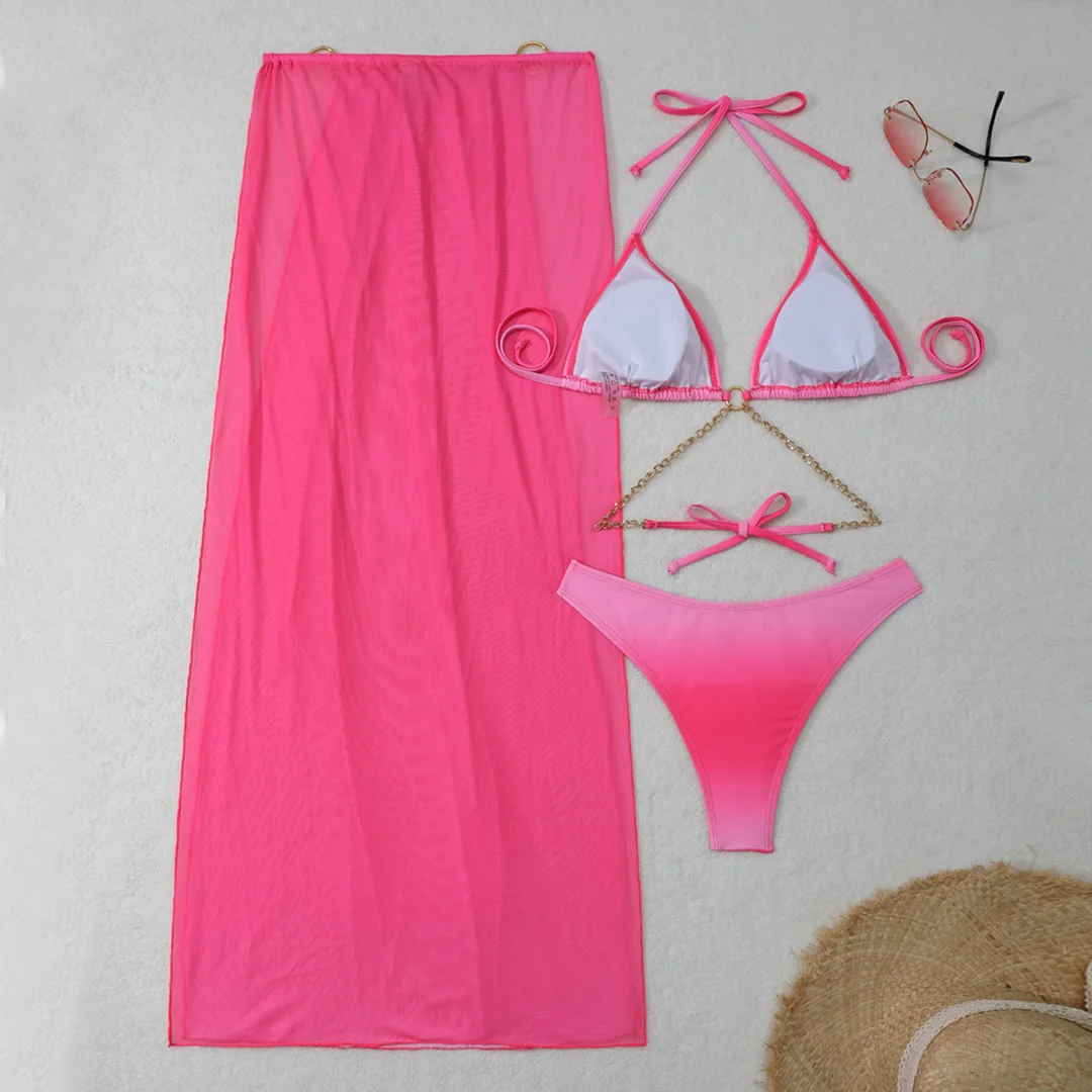 Sexy mit Überwurf, Farbverlauf, Neckholder-Bikini, Damen-Badeanzug, dreiteiliges Bikini-Set, Damen-Bademode, Badeanzug, Badebekleidung, Schwimmbekleidung V5369 – Detail 26