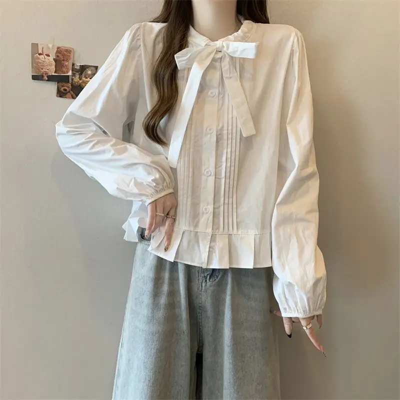 Bow Tie Tied Long Sleeved Shirt Embroidered Bow Tie Knitted Vest Layered Two-piece Set