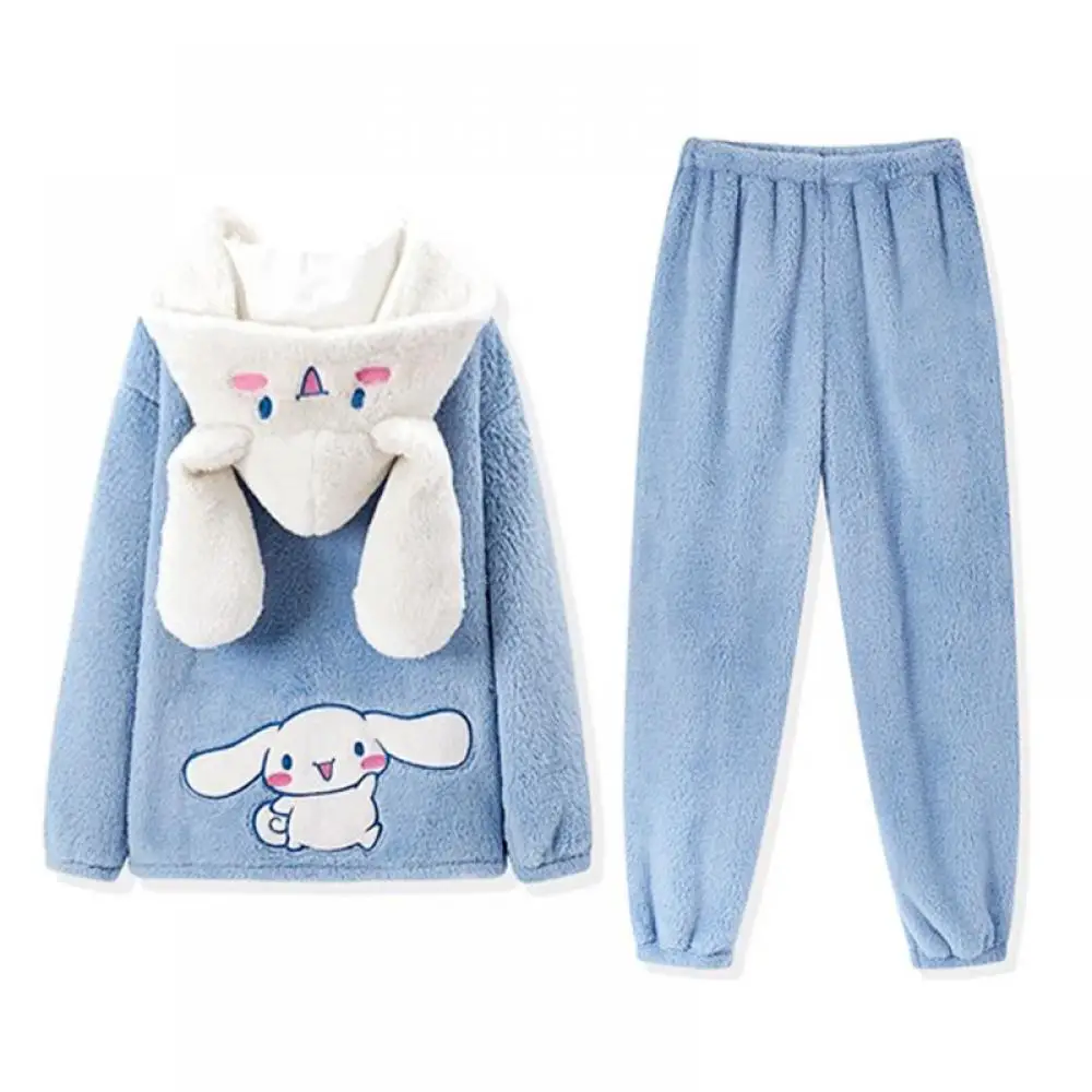 Cinnamoroll 2Pcs Women\'s Plush Pajamas Suit Kawaii Sanrioed Winter Hooded Home Clothes Cartoon Thickened Homewear Soft Girls