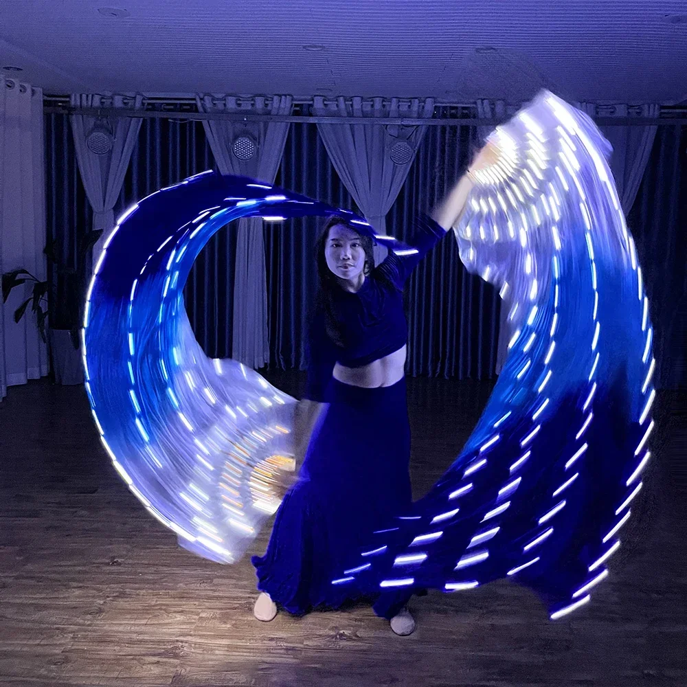 New LED luminescent fan, white blue gradient silk fabric, dance props, soft wire light string, charging stage performance