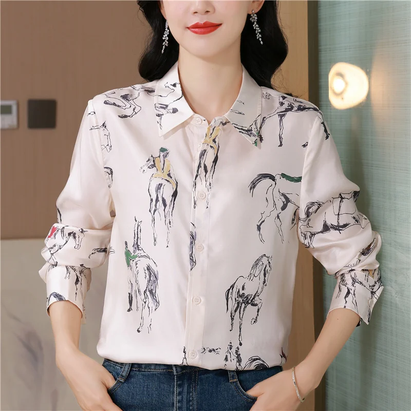 

Vintage Women's Blouses Printed Casual Shirts Fashion Loose Summer French Clothing Long Sleeved Satin Women Tops