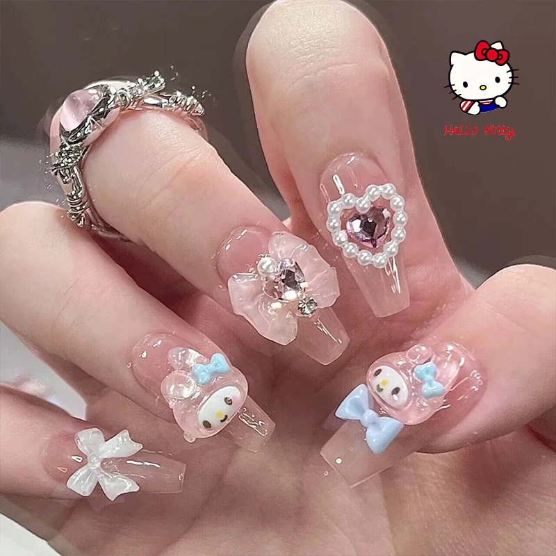 Diy minha melodia conjunto de unhas kawaii macio menina rosa pérola amor água diamante anime manicure design destacável bonito artesanal unhas falsas