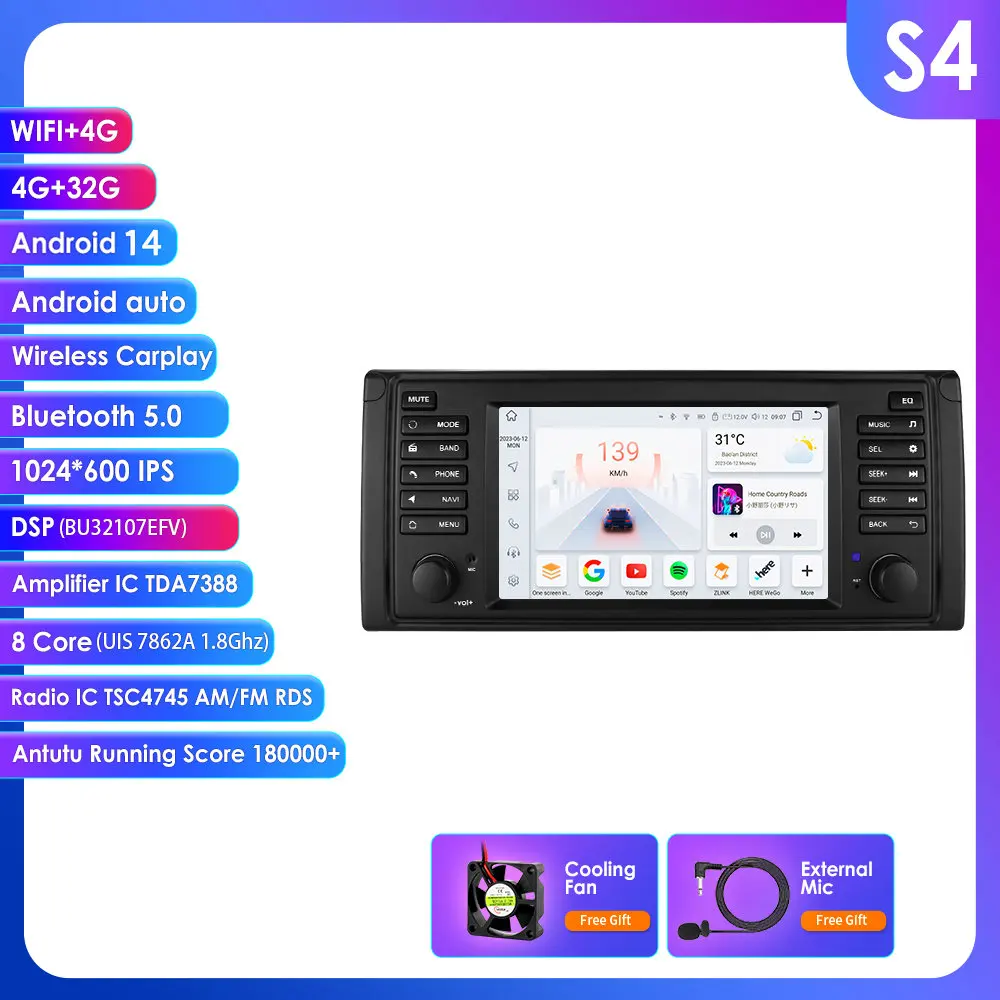 Hizpo 7 inch Android Auto autoradio GPS navigatie voor BMW 5 Serie E39 X5 E53 M5 1996-2003 multimediaspeler video 4G WIFI 2din DVD draadloos voor Apple CarPlay auto IPS touchscreen stereo