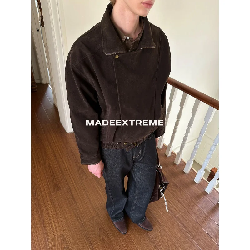 

EME Ретро-дизайн Куртка с воротником-стойкой Свободный стиль Old Money Бархатная молния Короткая широкая куртка Топ для мужчин и женщин