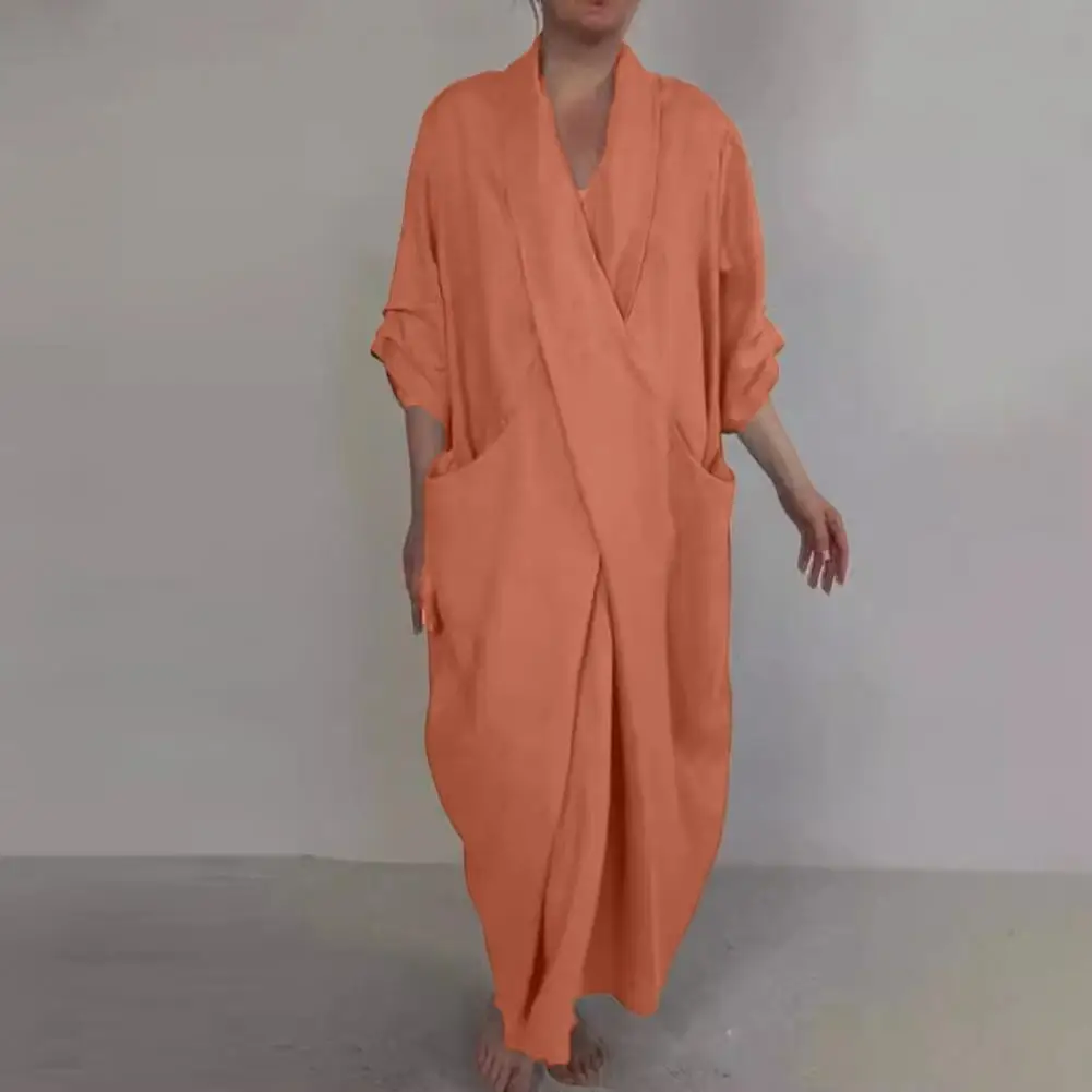 2025 Boho Chic Slit Detail Dress Bohemian Style Women Long Dress Spring Fall Retro Cross V Neck Maxi Large Pocket Dress Robe