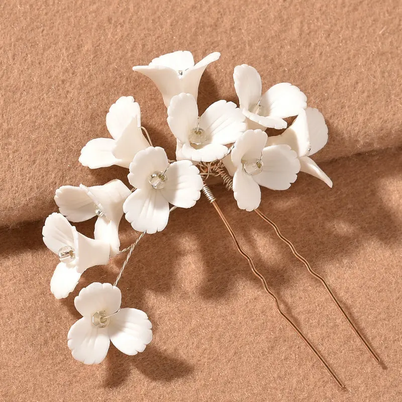 White ceramic flower hairpin crystal U-shaped hairpin bridal wedding hair accessories