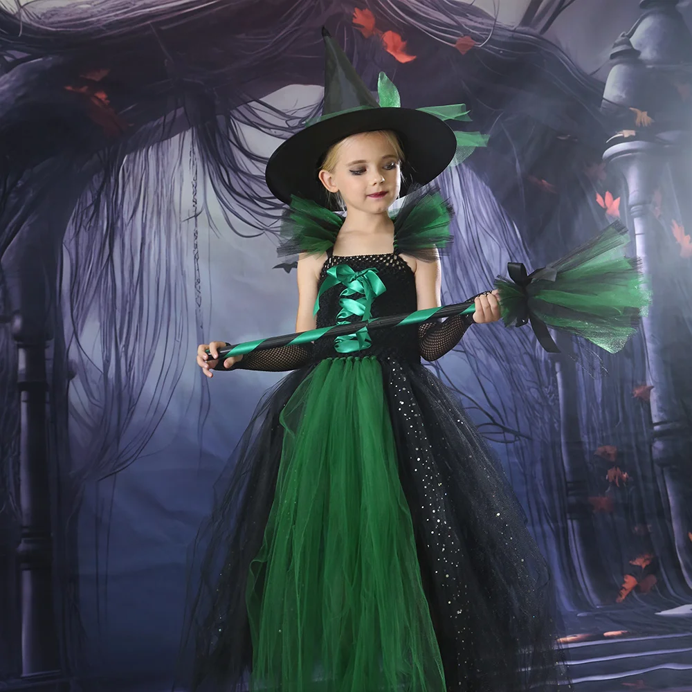 Trendy Halloween Costume for Kids Girls Witch Dress Fancy Dress Up Children Cosplay Gothic Deluxe Witch Tutu Dress Hat Broom Set