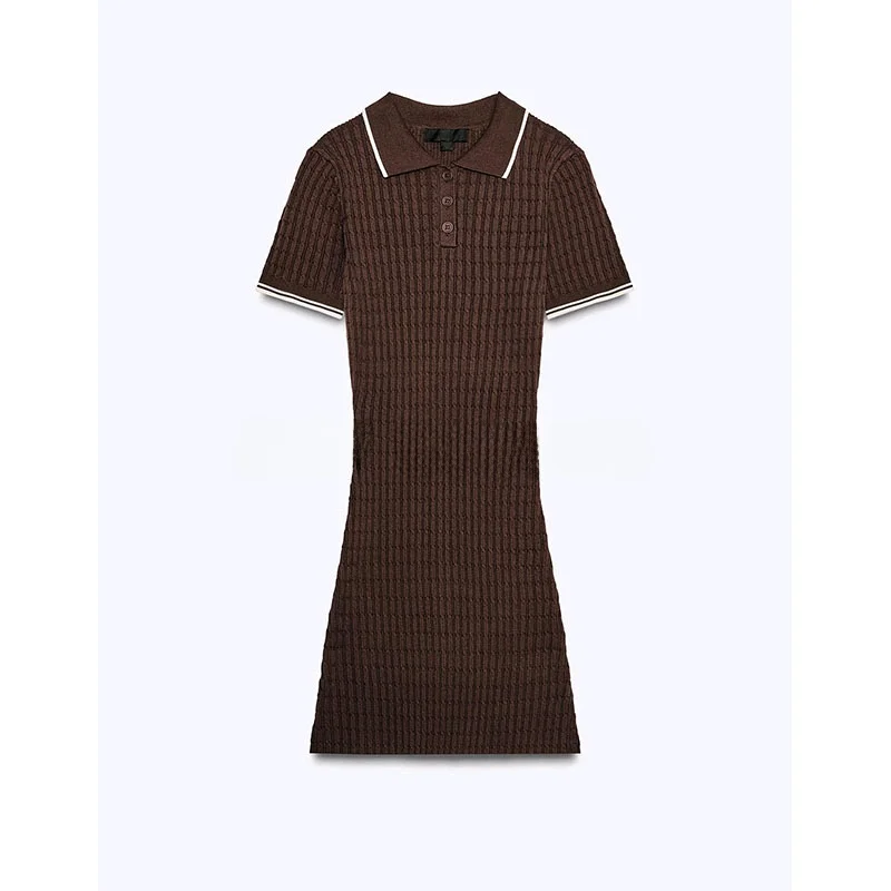 春の韓国風カラーブロック半袖ポロシャツ襟ニットミニワンピース、レーストリム付き、ポリエステル繊維00%