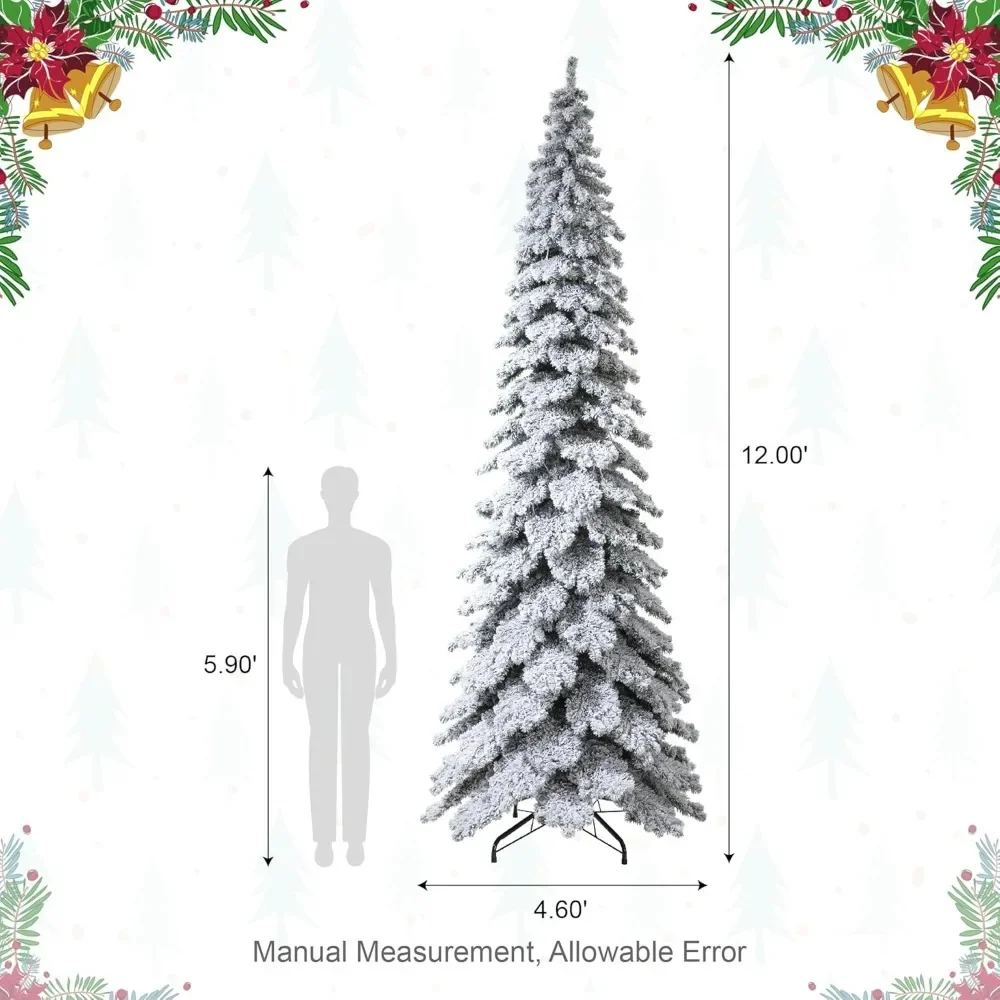 12ft Christmas Tree with 900 Warm White Lights, Three Function, Pre-Lit Flocked Layered Slim Spruce Artificial Christmas Tree