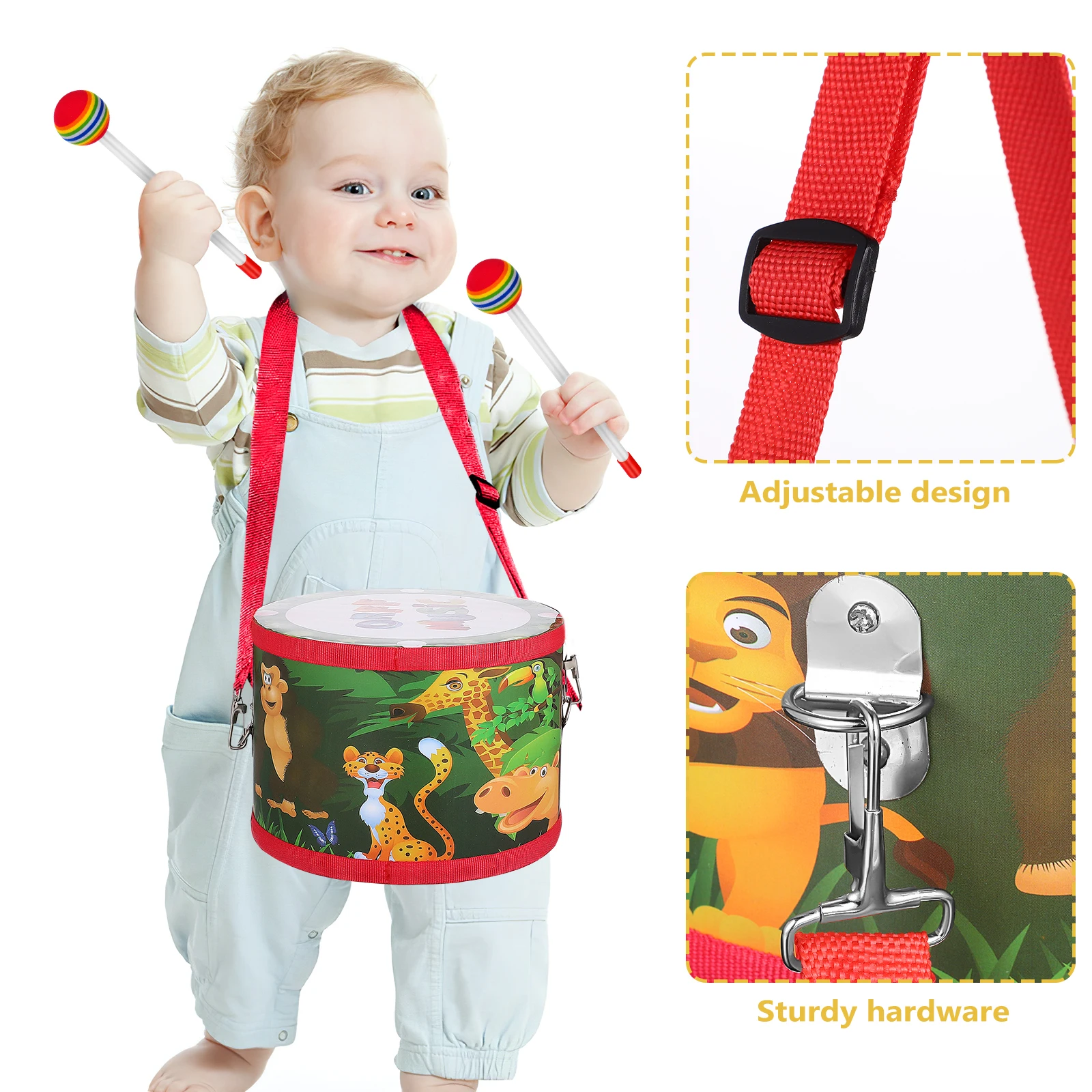 

Красочный детский барабан, двухсторонний мультяшный узор, удобный ремешок для использования в помещении и на открытом воздухе, музыкальный инструмент, образовательная барабанная установка