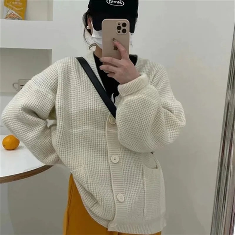 

Lazy Style Soft Glutinous Sweater Jacket Women's V-neck Loose Outer Wear Spring Autumn Versatile Retro Gentle Style knit Cardiga