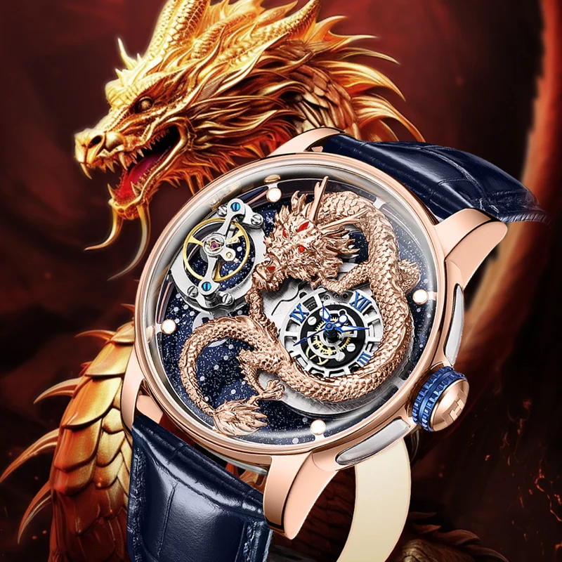 HANBOR Dragon Men Automatic Mechanical Wristwatch Hollow Out Luxury Watch For Mens Watch Luminous Waterproof 5D Engraving Montre