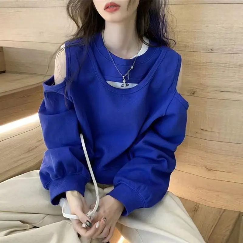 Fashion O-Neck Spliced Off Shoulder Hollow Out T-Shirt Women\'s Clothing 2022 Autumn New Casual Pullovers Loose Korean Tee Shirt