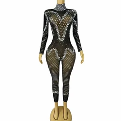 Sexy Sparkly Rhinestones Perform Costume Long Sleeves Mesh Jumpsuits Birthday Singer Party Show Photoshoot Outfit Club Vestido