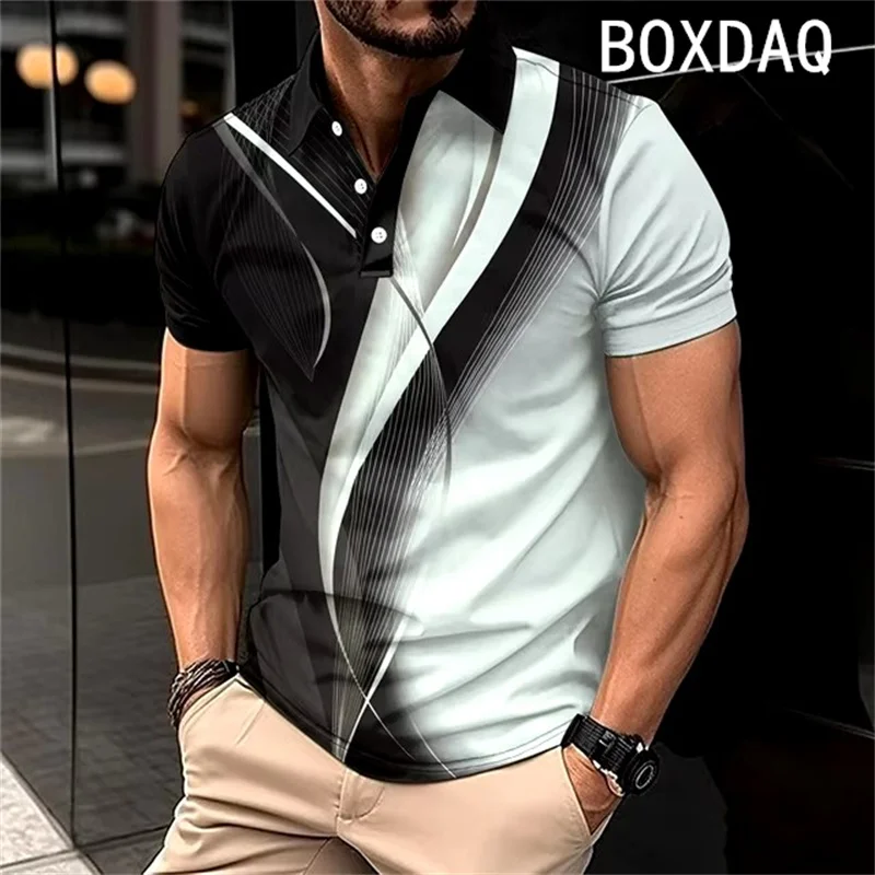 Men's Short Sleeve Lapel With Button Polo Shirt 3D Fashion Stripe Gradient Print Polo Plus Size 6XL Men Summer Casual Polo Shirt - Image 2