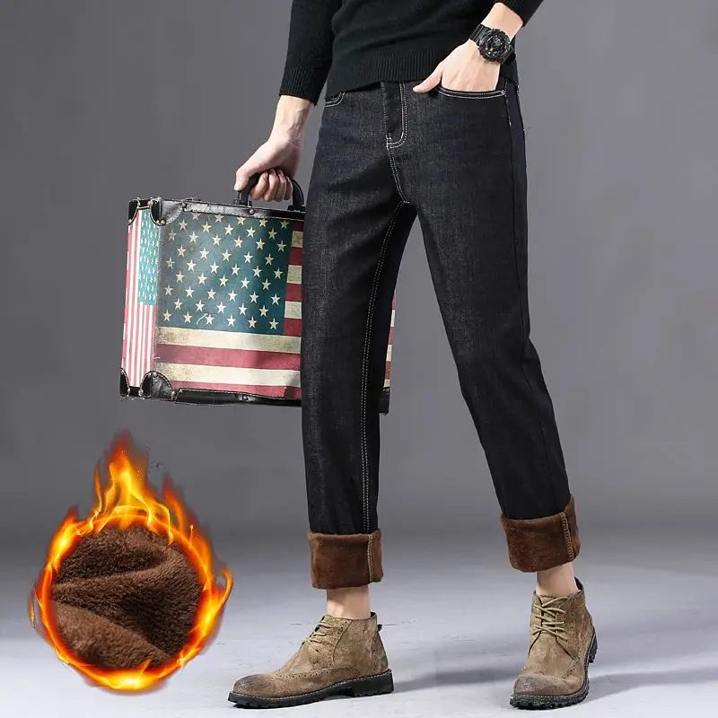 الرجال الشتاء الثلوج الدافئة أفخم الحد الأدنى الجينز الذكور صوف مبطن سميكة الدنيم السراويل سليم صالح مرونة فضفاض مستقيم بنطلون #2